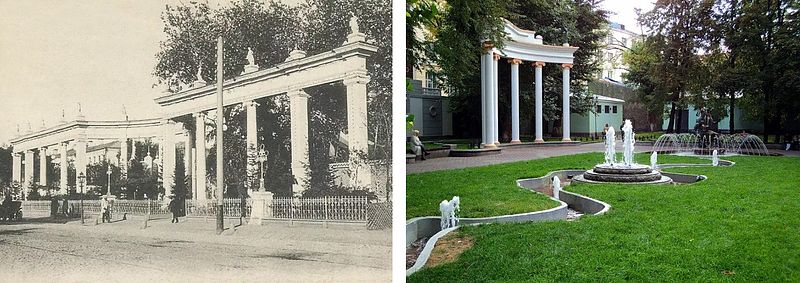Сад «Аквариум» (здесь был павильон с аквариумом) — небольшой парк в центре Москвы, один из первых увеселительных садов столицы. Слева — фото начала ХХ века, справа — фото 2021 года